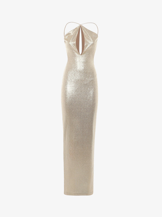 Long cut-out maxi dress in metallic jersey