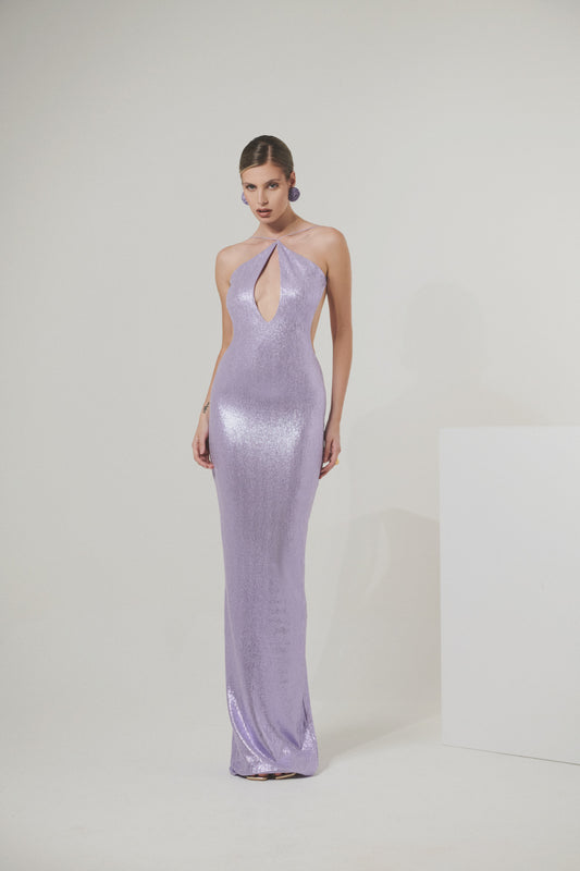 Long cut-out maxi dress in metallic jersey