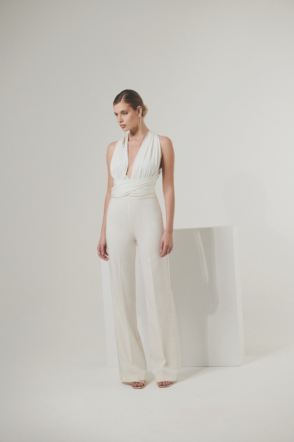 Straight leg trousers with side band with jewel application